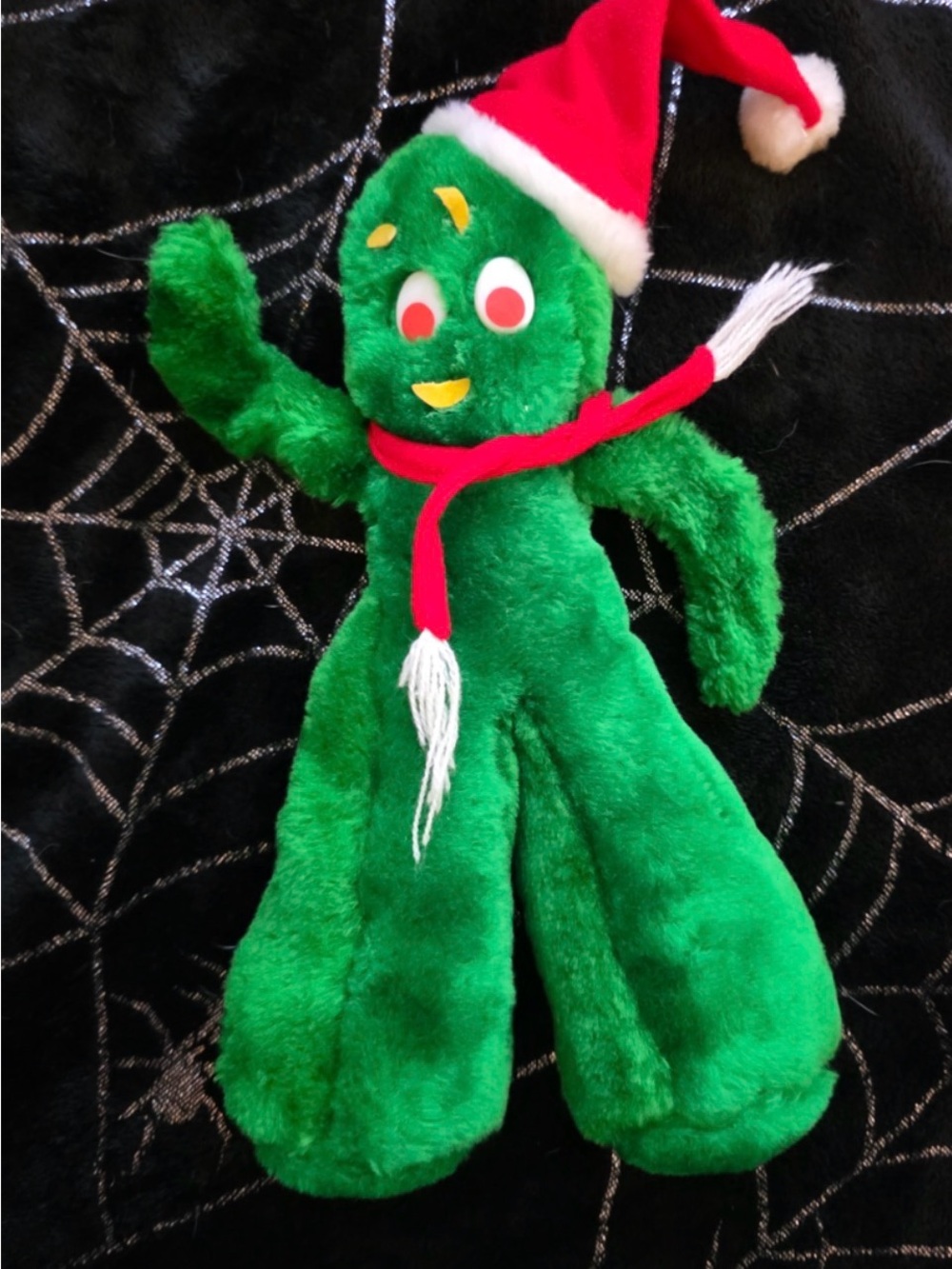 Green Plush Gumby with Red Santa Hat and Scarf
